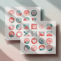 Abstract watercolor icons in circular and square shapes soft pastel colors artistic symbols