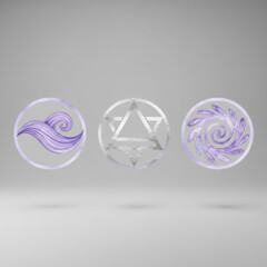 Three circular emblems featuring a purple wave a silver hexagram and a purple swirl
