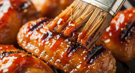 Macro of sticky barbecue glaze brushed onto chicken wings