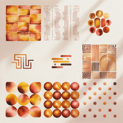 Collection of abstract geometric patterns and watercolor shapes in warm earth tones