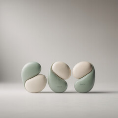 Three abstract organic forms with pastel green and beige tones displaying the word AMOR on two items