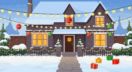 Festive christmas home decoration with illuminated lights and falling snow for holiday mood