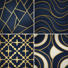 Collection of four dark blue seamless patterns with intricate gold geometric and decorative designs
