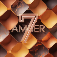 Abstract 3D render of the number seven with the word amber against a geometric tile background