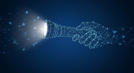 Polygonal hand holding a glowing flashlight beam — scanning and search technology concept