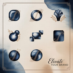 Abstract dark blue watercolor shapes with gold swirling lines and leaves