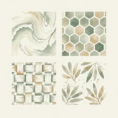 Collection of four watercolor patterns marbled texture honeycomb grid woven weave and botanical leaf elements