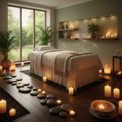 A tranquil spa room with a massage table hot stones plants and lit candles