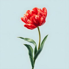 A vibrant red tulip with lush green leaves on a subtle pale blue background, a close-up studio shot.