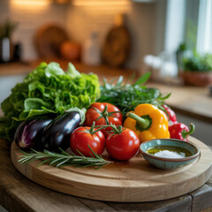 Fresh vegetables and herbs arranged on a wooden board with olive oil and salt