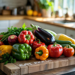 Assortment of fresh colorful vegetables including bell peppers eggplant tomatoes and zucchini on a wooden cutting board