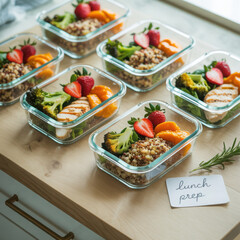 Several glass meal prep containers filled with grilled chicken broccoli quinoa strawberries and sweet potatoes