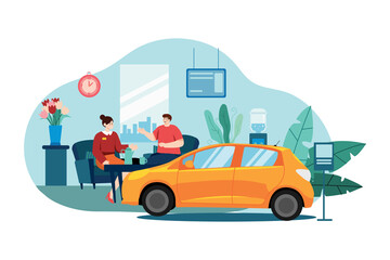 Modern Office Interior with Orange Car Silhouette and Two People Conversation Illustration on White Background