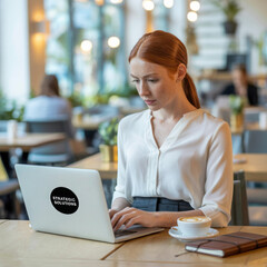 Redhead woman with freckles working on a laptop in a cafe with coffee and notebook