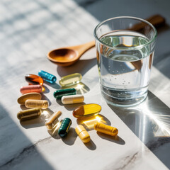Assorted colorful pills and capsules scattered around a glass of water with a wooden spoon on a marbled surface