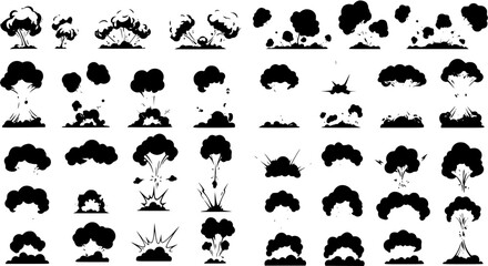Explosion silhouette set. Cartoon bomb blast and smoke cloud effects. Black and white vector icons for comic animation or game design.