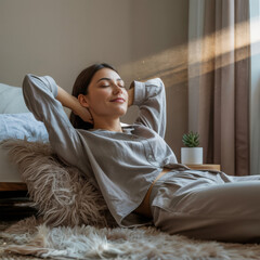 Young woman relaxing in pajamas on a fluffy rug enjoying sunlight streaming through the window