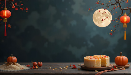 Black clean Chinese copy space with red Lantern, full moon, and mooncakes for autumn festival