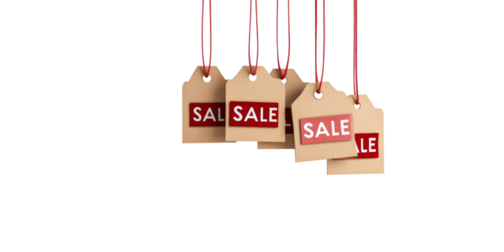 Hanging sale tags on red strings with white labels
