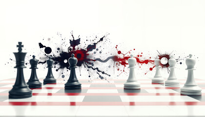 Chess game scene symbolizing a strategic conflict with black and white pieces on a checkered board