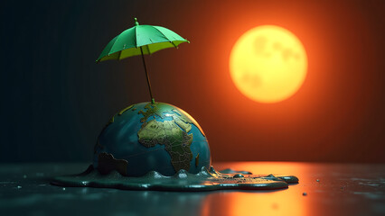 globe melting bright fiery sun small green umbrella floats fabric fluttering contrast