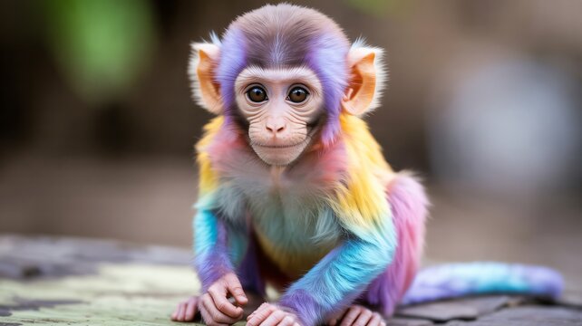 Adorable baby monkey with vibrant rainbow fur, captivating onlookers with its unique charm