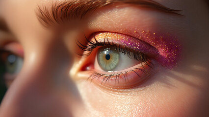 snapshot woman eye features vibrant pink gold glitter eyeshadow shimmers soft natural light illuminating