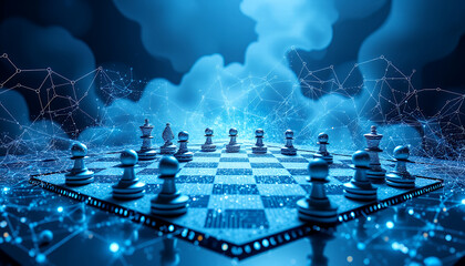 A strategic chess game setup with digital elements and a tech-inspired theme. The scene highlights strategy, competition, and complex planning