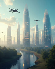 A futuristic city with tall, sleek buildings and flying vehicles above a serene river. The city features a modern and advanced design