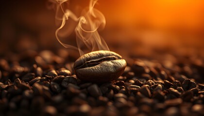 A single steaming coffee bean resting on a bed of roasted beans with a warm, glowing background.