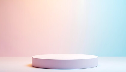 Modern Geometric White Pedestal on a Soft Pink and Blue Gradient Backdrop, Ideal for Cosmetic and Fashion Product Displays