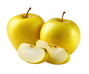 A composition of two ripe yellow apples and two slices, isolated on a transparent background, highlights freshness, naturalness, and readiness for consumption