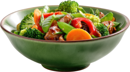 Bowl of savory chicken stir fry with colorful broccoli, vegetables, and sauce, delicious Asian style homemade meal isolated on white background