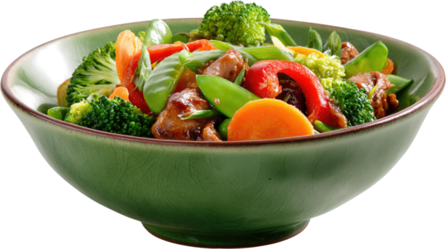 Bowl of savory chicken stir fry with colorful broccoli, vegetables, and sauce, delicious Asian style homemade meal isolated on white background