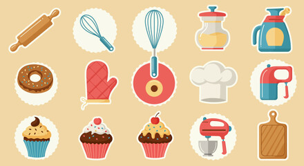 A collection of fifteen illustrated baking tools ingredients and finished baked goods as stickers