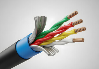 Electrical cable with exposed wires isolated on white background for power