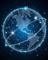 The World in the Digital Age, a depiction of the interconnected world, showcasing a globe encompassed by a network of lines and light