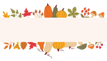 Autumn horizontal poster with decorative borders of leaves, pumpkins, mushrooms and berries in flat cartoon style. Seasonal harvest frame for fall festival, thanksgiving, banner or greeting card. © _aine_