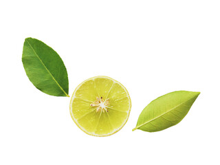 Yellow lemon slices falling with green leaves isolated on transparent background