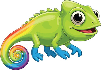 Colorful cartoon chameleon with rainbow tail, vibrant reptile character illustration for kids, education, wildlife, nature, zoo, and design projects © Snigdha Creatives