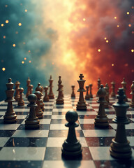 Chess pieces on a chessboard, a strategic game with a dramatic sky background. The pieces are set for a game of strategy and critical thinking