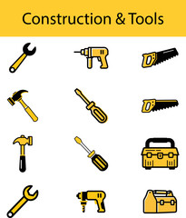Construction Tool Icons: Hammer, Drill, Saw, Toolbox