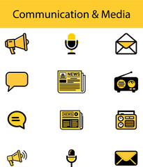 Media Communication Icons: News, Messages, Microphones, Broadcast