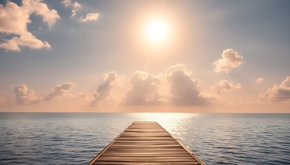 Obraz premium Wooden pier extends towards the horizon, reflecting sunlight on the calm ocean under a bright sky.