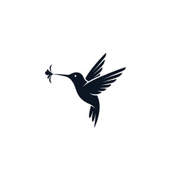 Obraz premium Black silhouette of a hummingbird in flight, carrying a small flower in its beak, isolated on a white background.