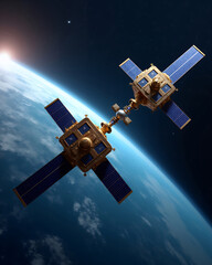 Two satellites connected in space with the Earth in the background, showcasing modern technology and scientific advancement