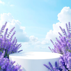 Fototapeta premium Elegant white cylindrical podium amidst blooming lavender flowers under a serene blue sky with soft clouds, perfect for product display.