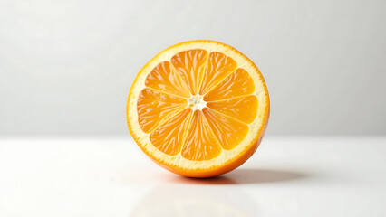 juicy orange slice sits alone pristine white surface vibrant peel glistening soft overhead lighting highlights ripened