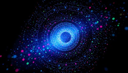 Abstract digital artwork depicting a glowing blue eye-like structure with intricate patterns and vibrant colors.