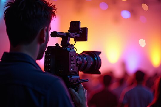 Professional videographer filming a live event with a cinema camera. Over the shoulder view with colorful bokeh lights. - Powered by Adobe